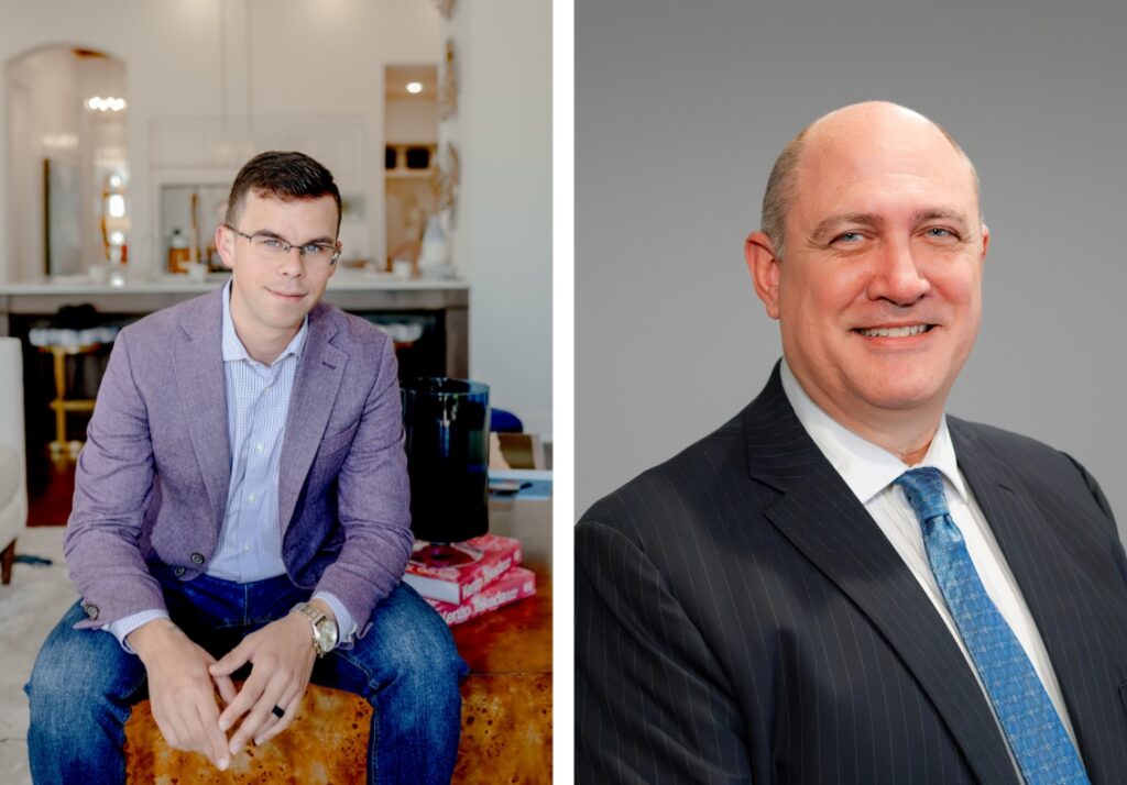 A side-by-side image featuring a personal branding photo of a man seated in a modern home setting and a traditional headshot of a professional man in a formal suit.