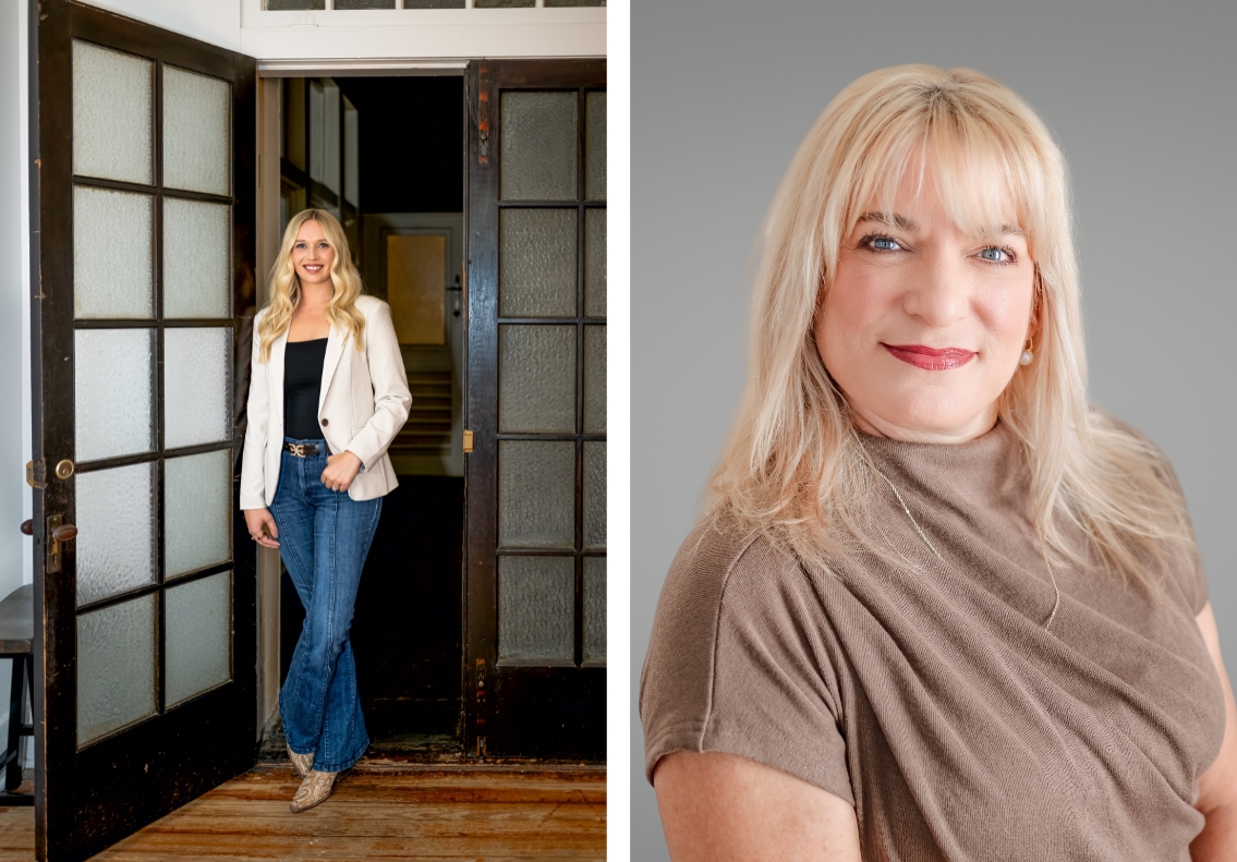 A side-by-side image showcasing a personal branding photo of a professional woman in a casual, modern setting and a headshot of another professional with a confident smile.