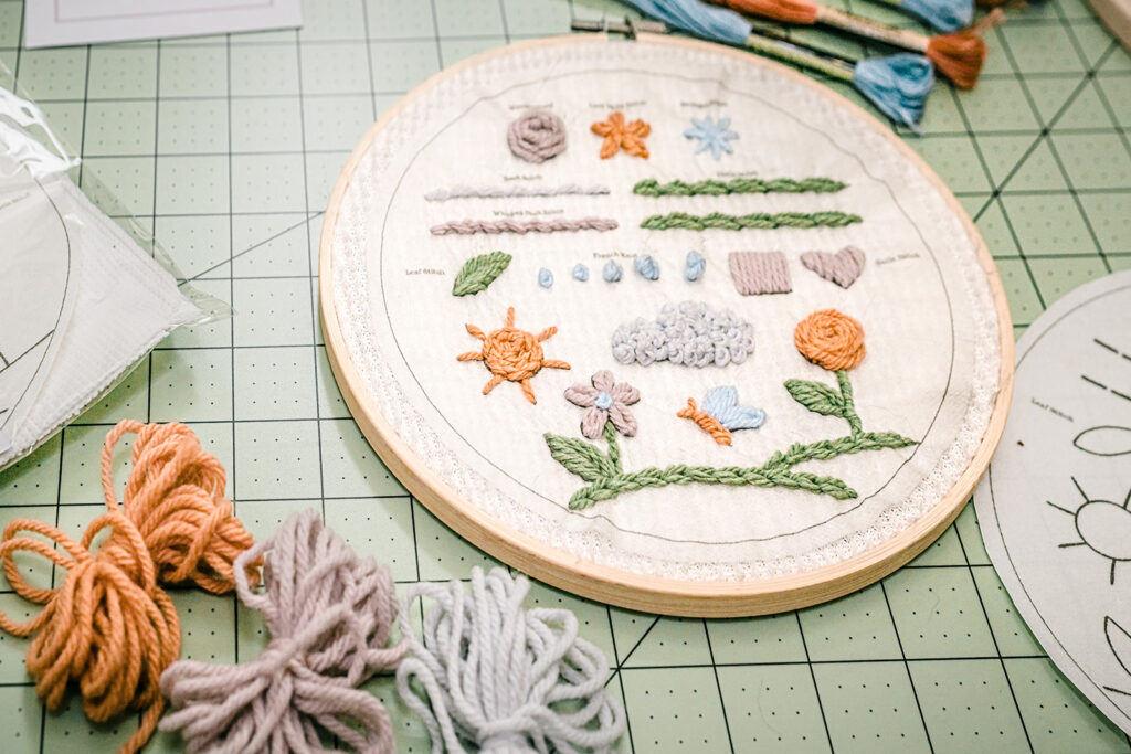 Close up of embroidery hoop with colorful stitched designs in progress.